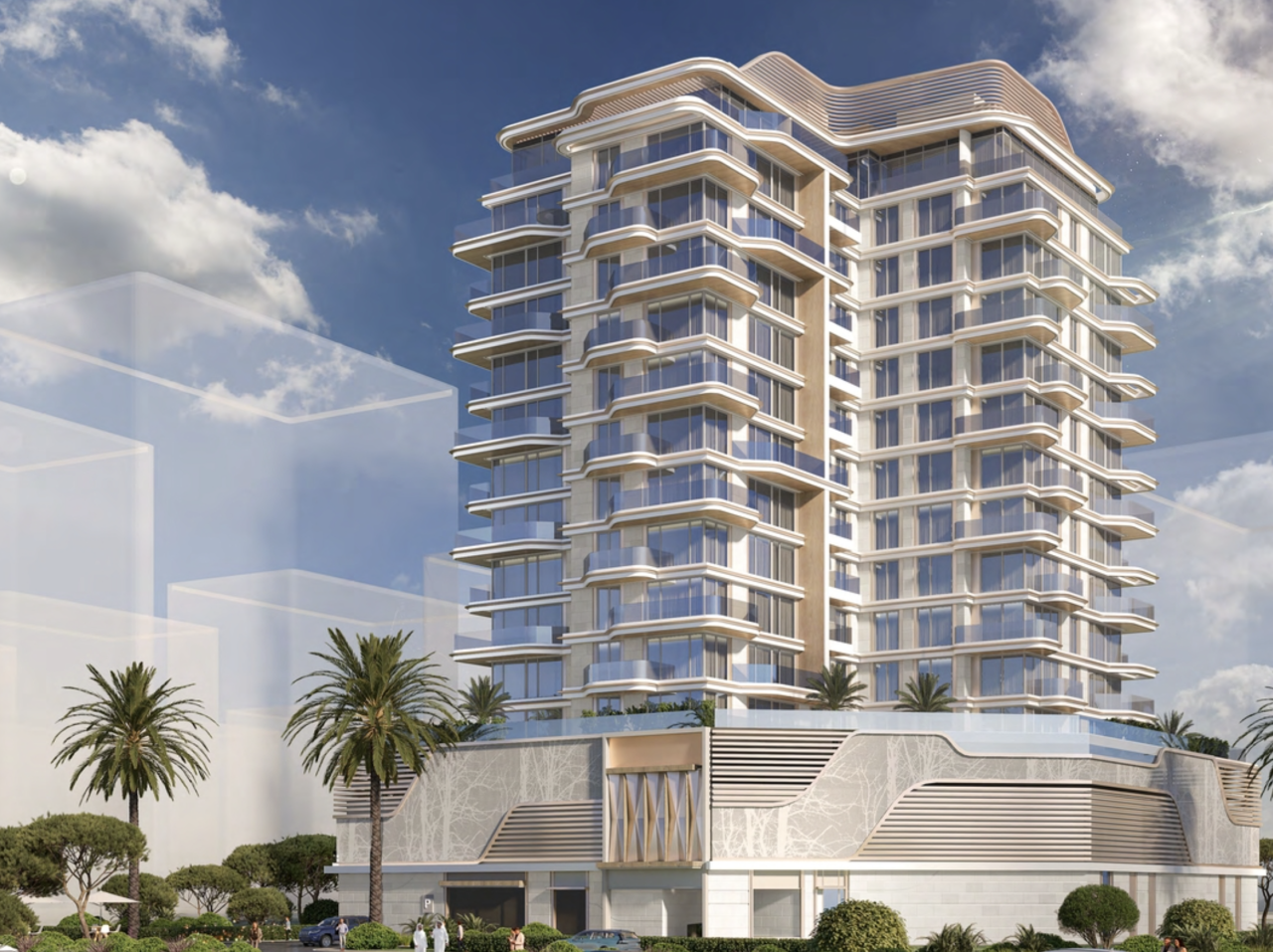 Бассейн и зона отдыха в комплексе Edgewater Residences на Dubai Islands.